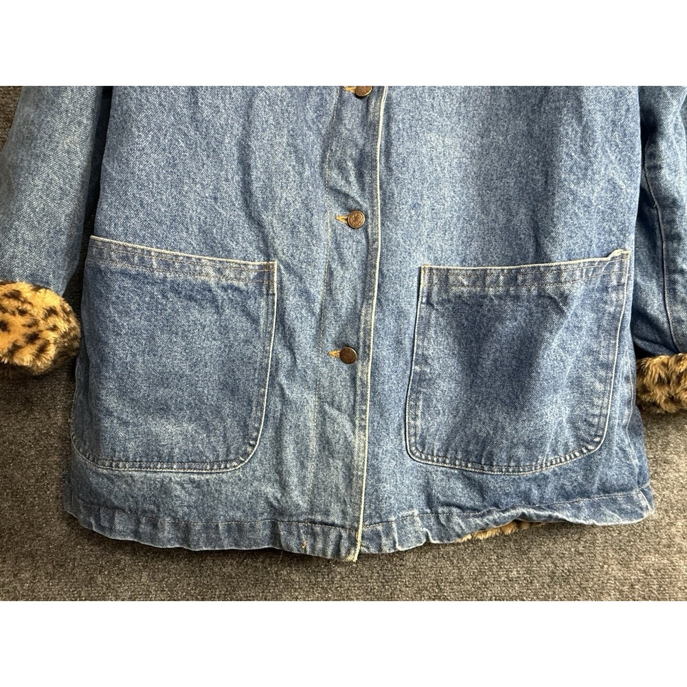 VINTAGE 70s Denim Jacket Lew Magram Cheetah Print Faux Fur Trim Collared Size L - Picture 3 of 8